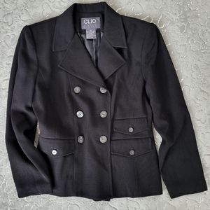 Vintage Black Clio Blazer Double Breasted Short Lightweight Military Pea Coat 10